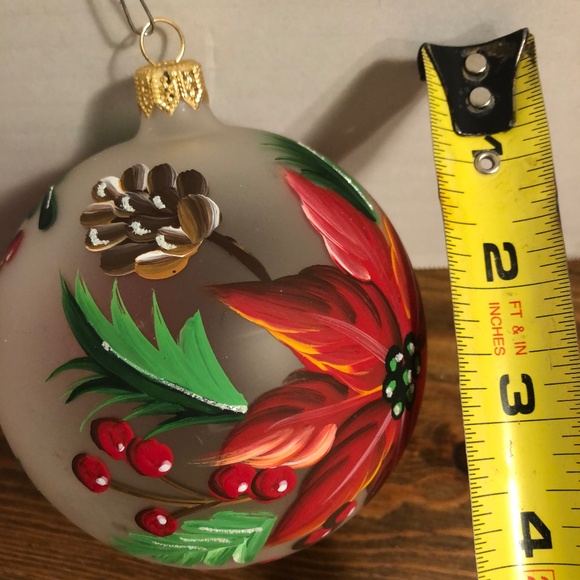 Glass Ornament 3 1/2" Hand painted Poinsettias - Picture 2 of 3